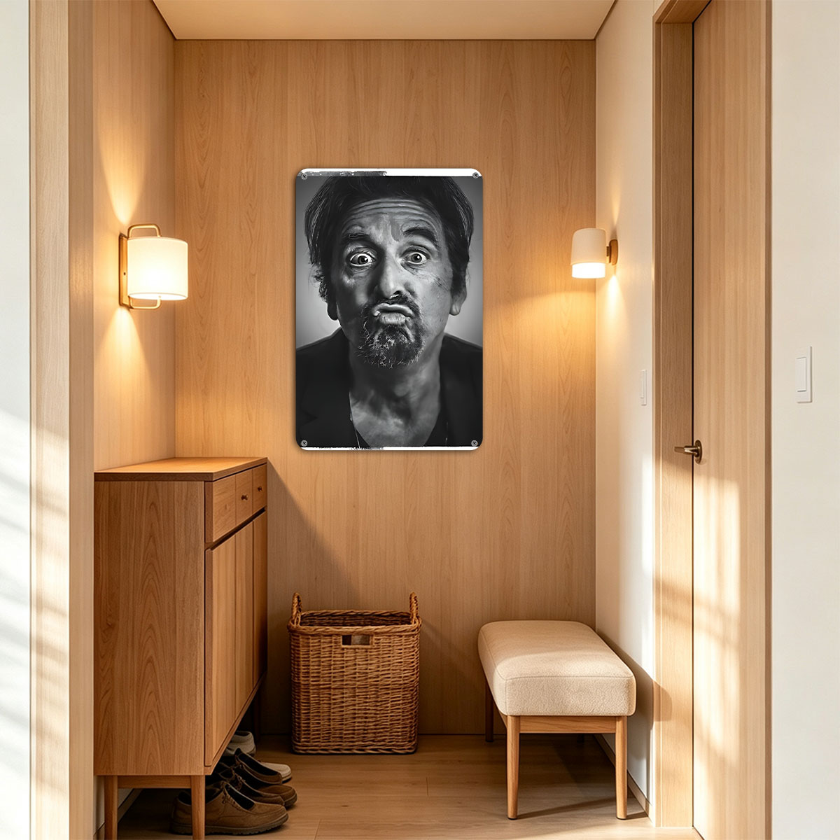 Al Pacino in a dramatic black-and-white portrait, displaying an intense expression with wide eyes and a furrowed brow. - painting