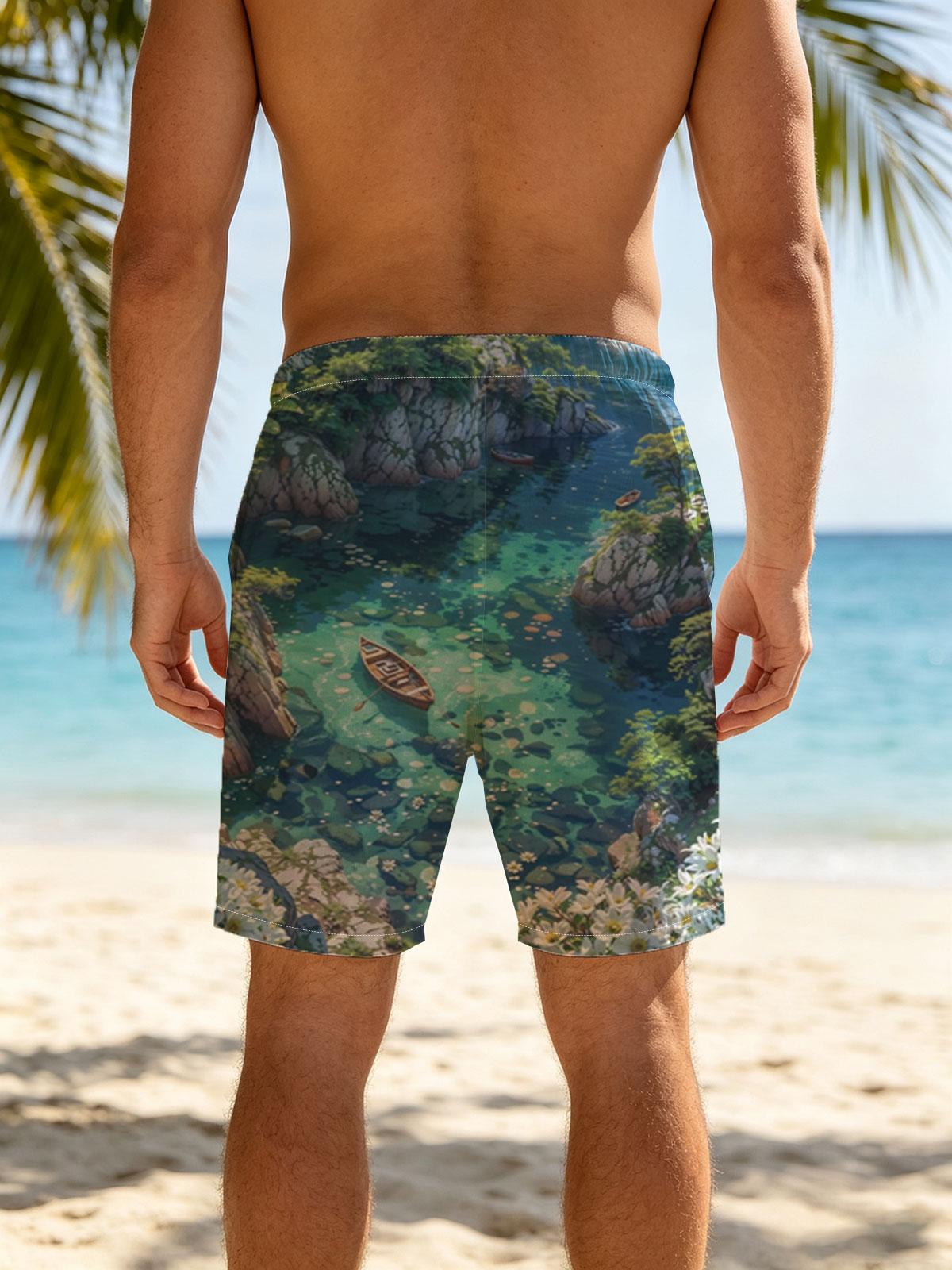 A serene boat floats on crystal-clear waters surrounded by rocky cliffs and blooming flowers. -  Beach shorts