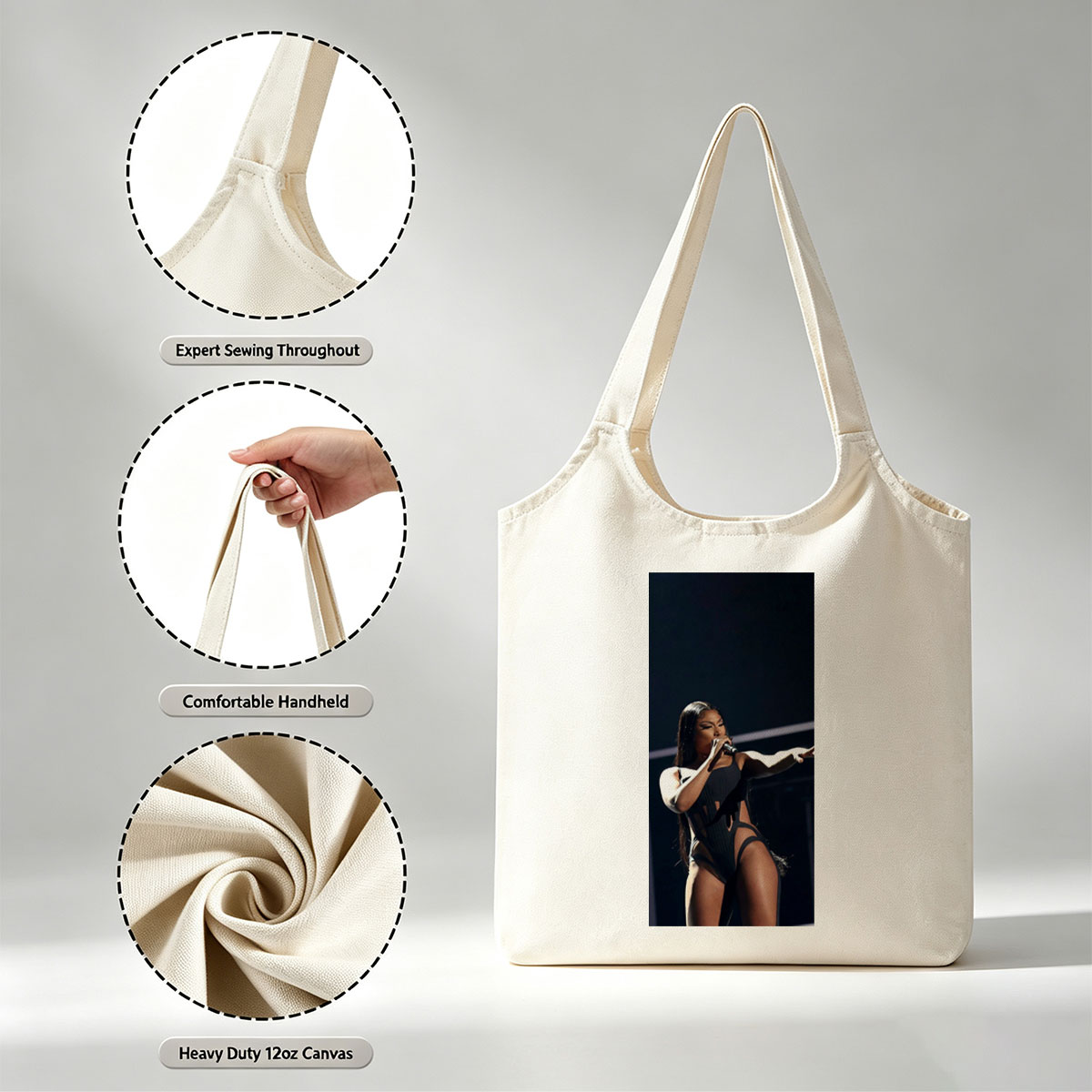 Cardi B Performing on Stage in a Black Bodysuit Holding a Microphone - Canvas shoulder bags/