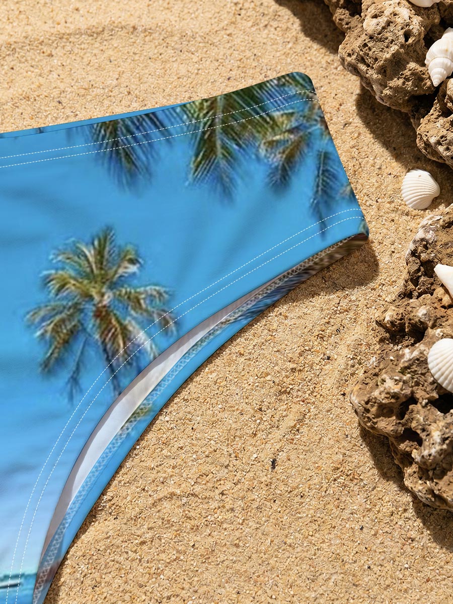 Tropical palm trees reflected in crystal-clear infinity pool under a vibrant blue sky. -  Men's swim trunks