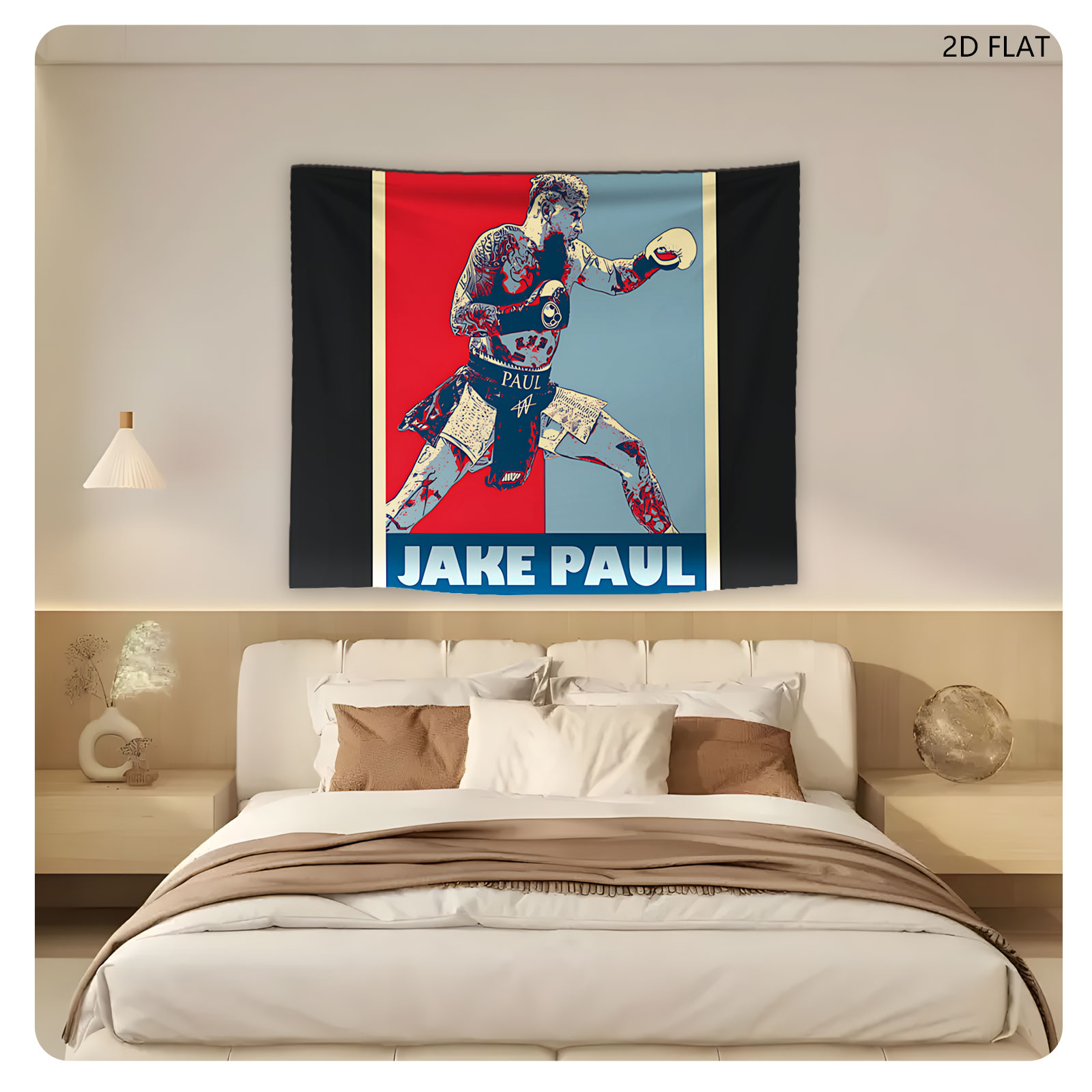 Jake Paul in Boxing Pose, Bold Red and Blue Background, Tattooed Fighter, 