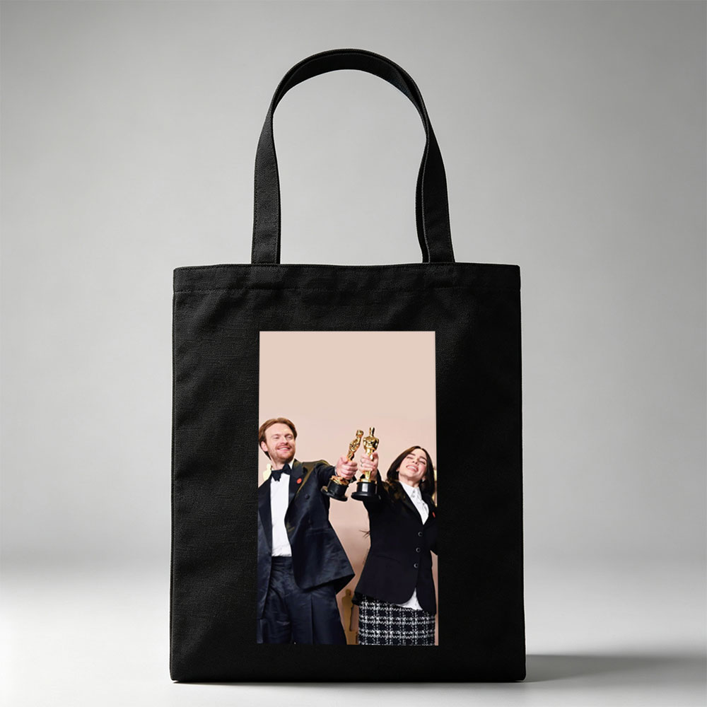 Emma Stone and Damien Chazelle Holding Oscars at the Academy Awards Ceremony - Canvas tote bags