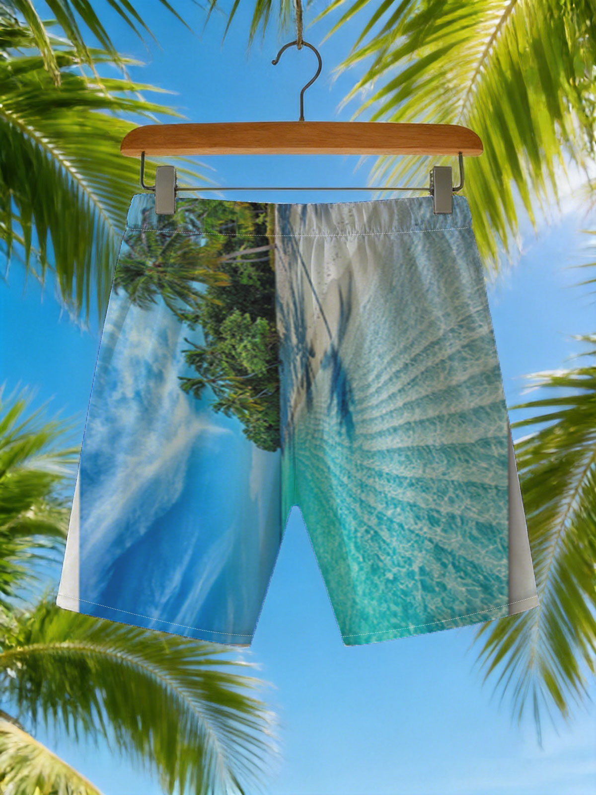 Tropical Beach with Crystal Clear Water and Palm Trees -  Beach shorts