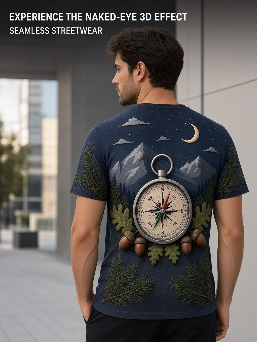 Vintage Compass 3D Optical Illusion Graphic Tee Breathable Athletic Mesh T-Shirt for Casual and Sports Wear