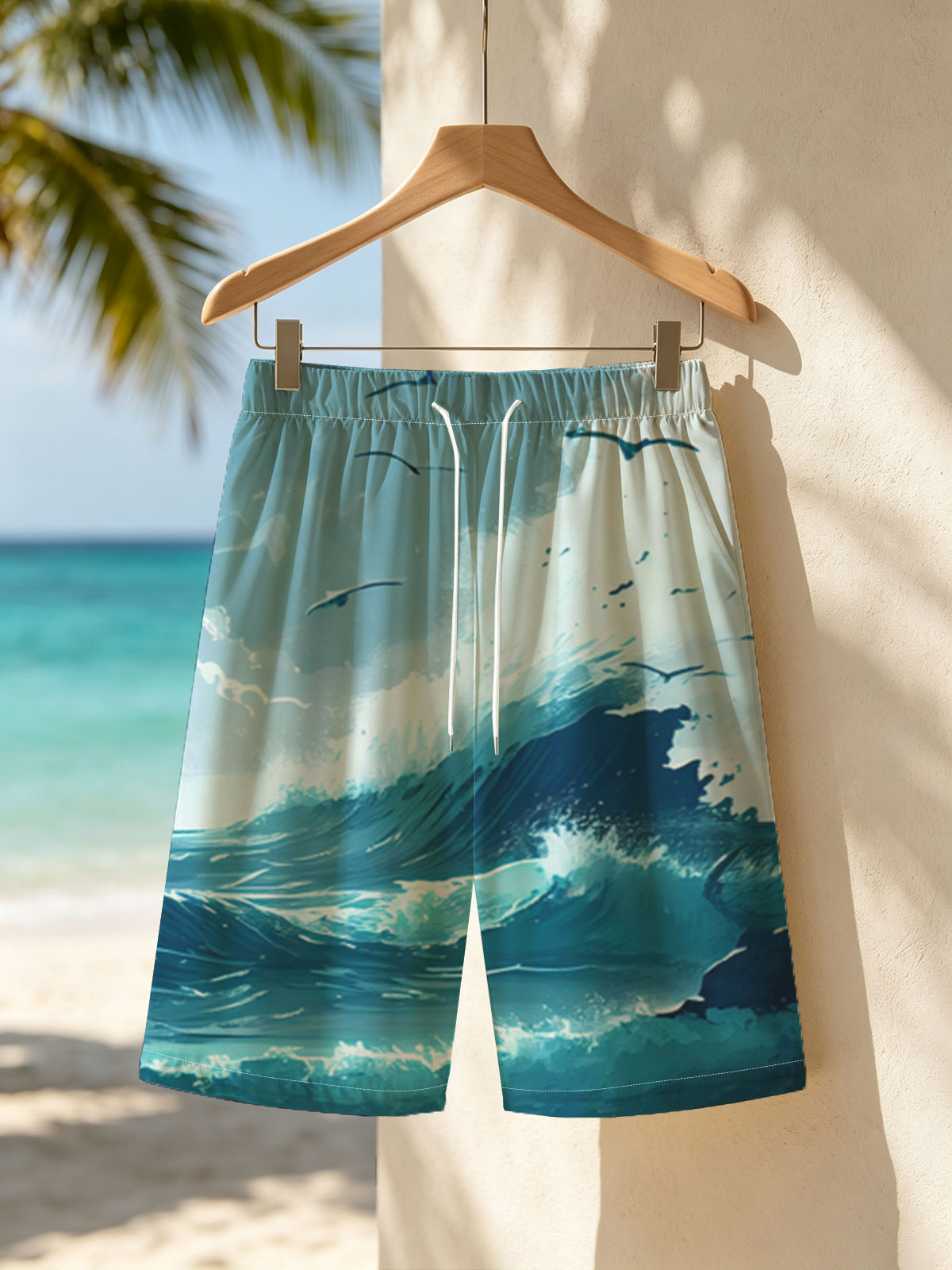 Mighty waves crash against rocks as seagulls soar above the stormy sea. -  Beach shorts