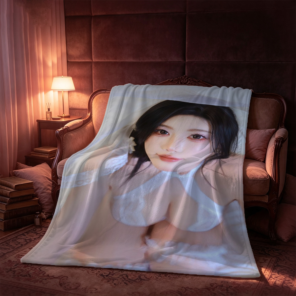 Aiko in white lace lingerie biting bra strap on bed - Blanket