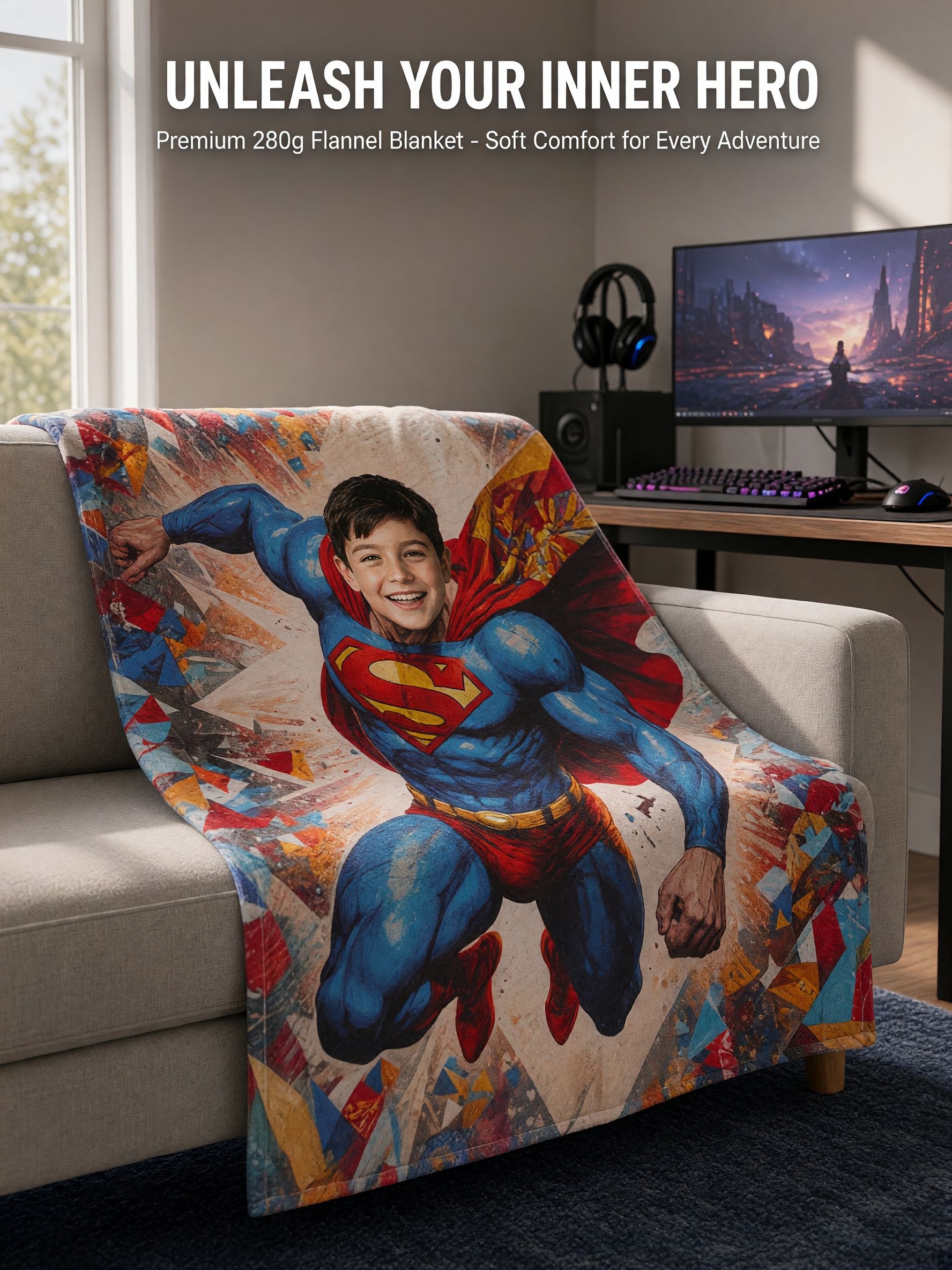 Custom Photo Face Superhero Flannel Blanket Ultra Soft Personalized Hero Throw for Bed Couch and Travel Ideal Unique