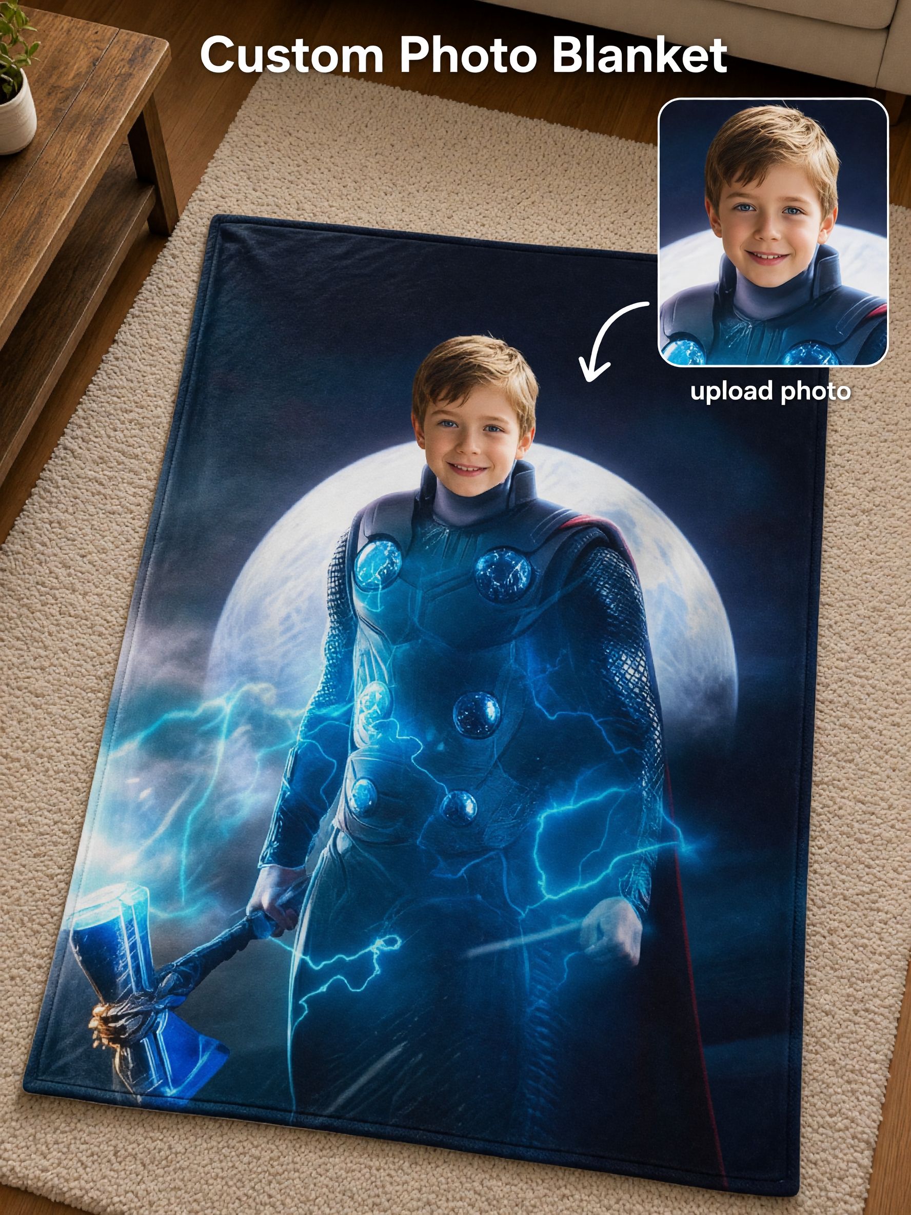Custom Photo Superhero Flannel Fleece Blanket Personalized Face Portrait Throw Ultra Soft Cozy Keepsake Gift for Kids