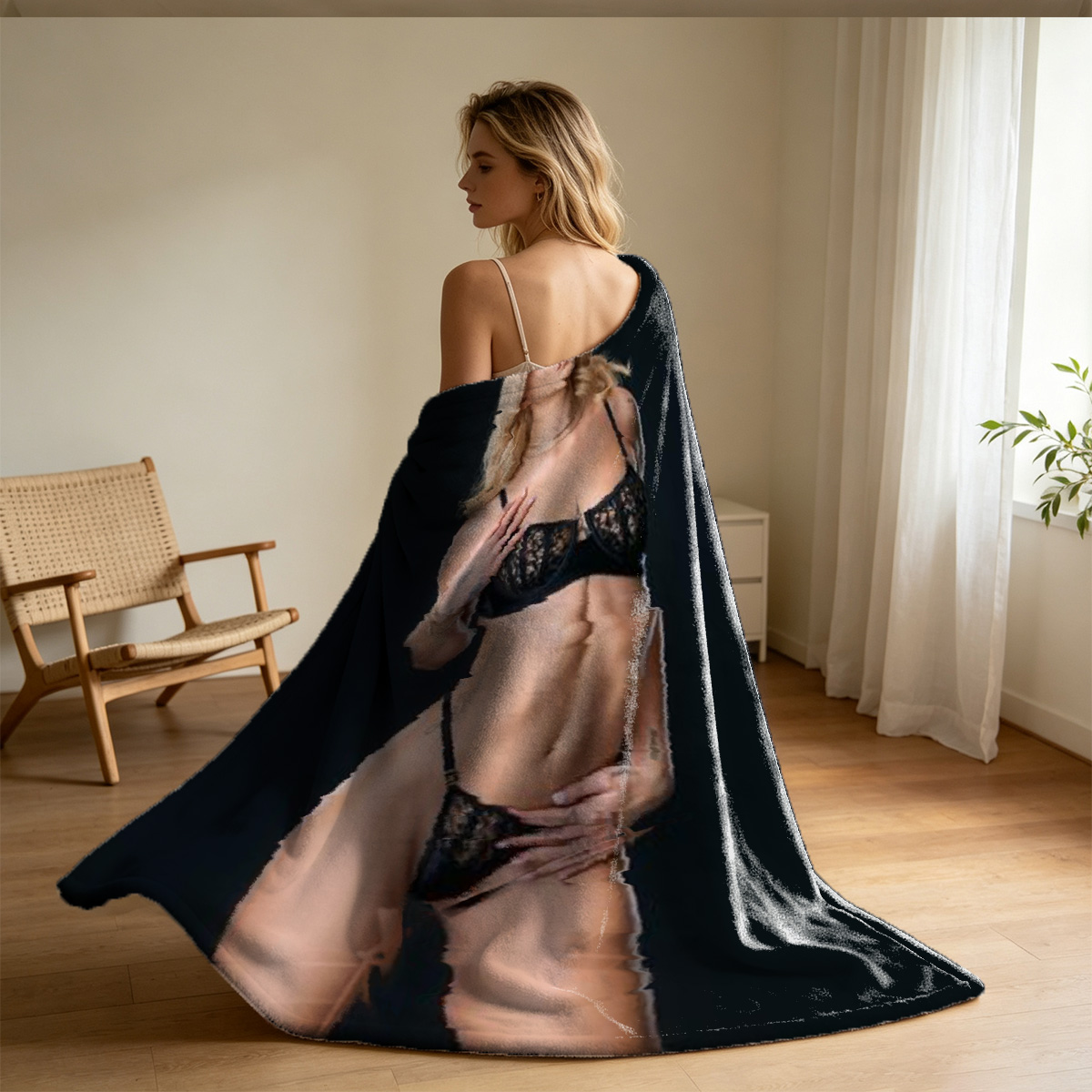 Two Elegant Women in Chic Black Dresses Posing in a Luxurious Studio. - Blanket