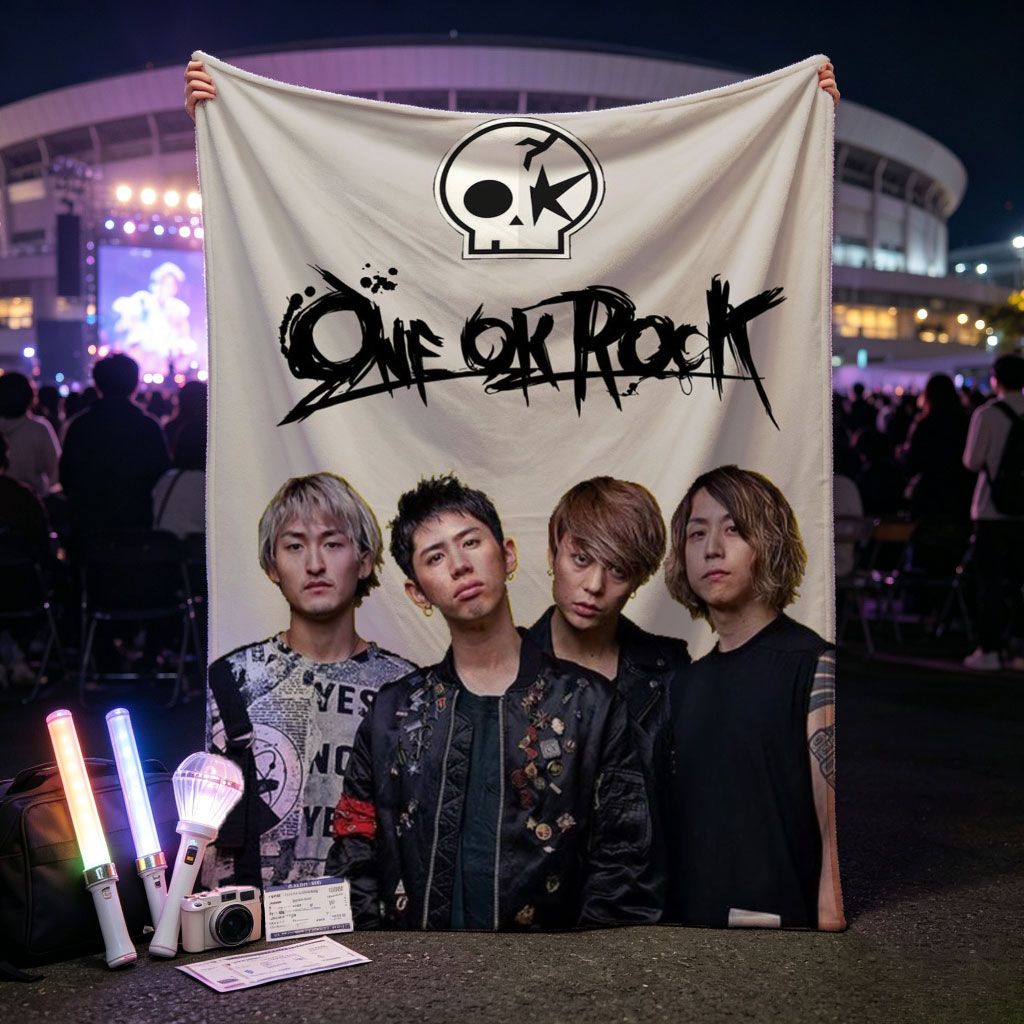 One Ok Rock Band Members Standing Together in Stylish Outfits with Logo Above - Blankets