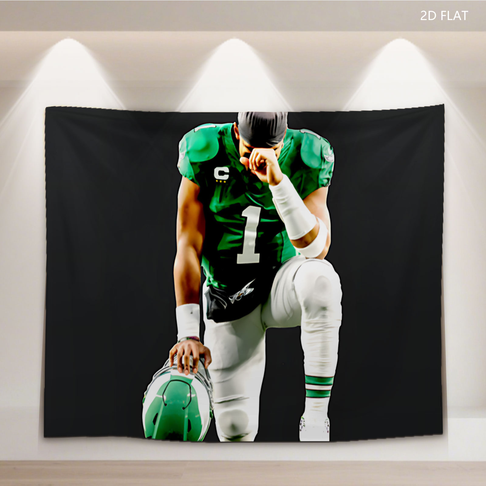 Quarterback in Green Jersey with Number 1, Holding Helmet, Kneeling Pose - Tapestry