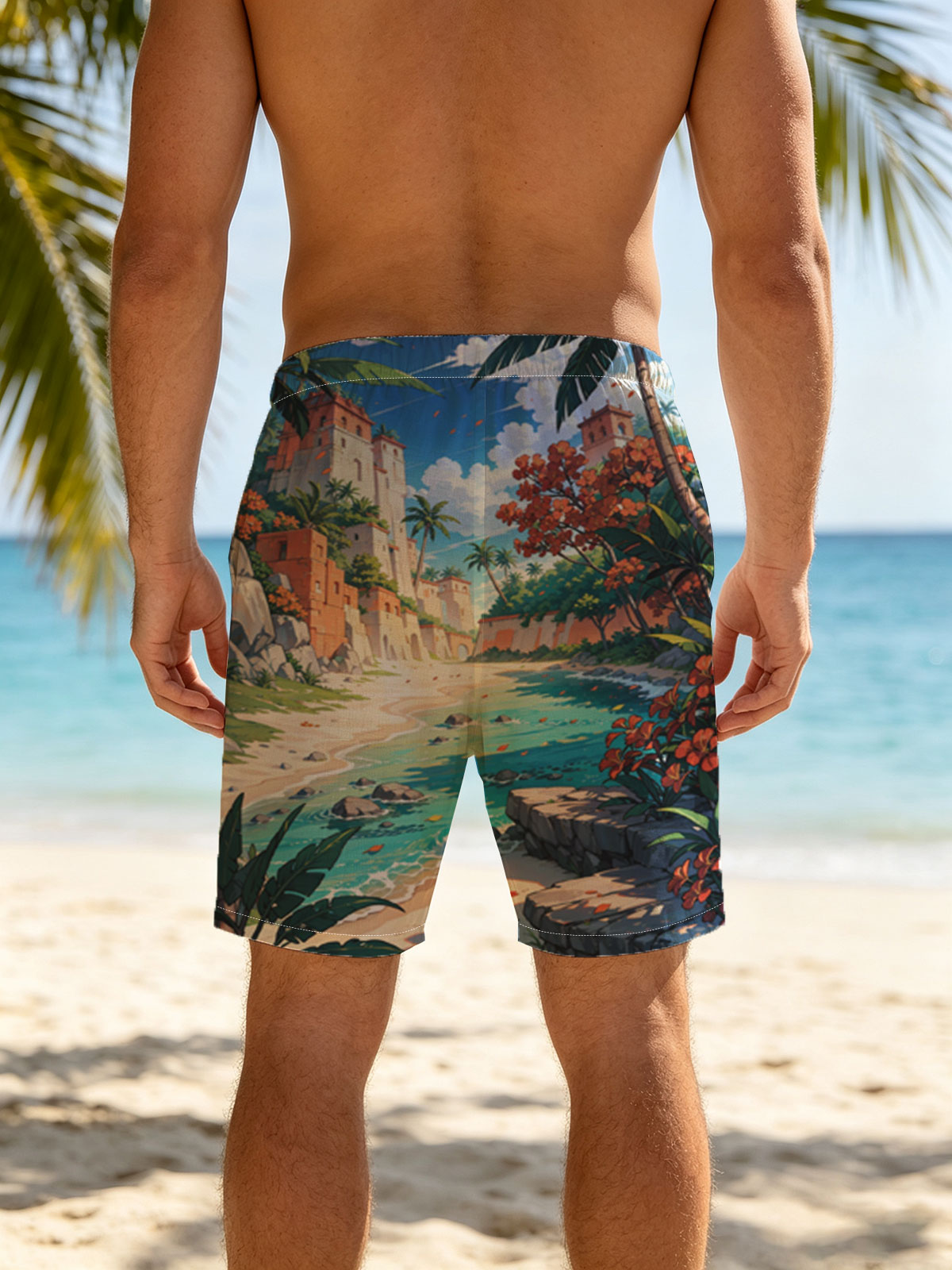Tropical Beach with Ancient Ruins and Lush Vegetation -  Beach shorts