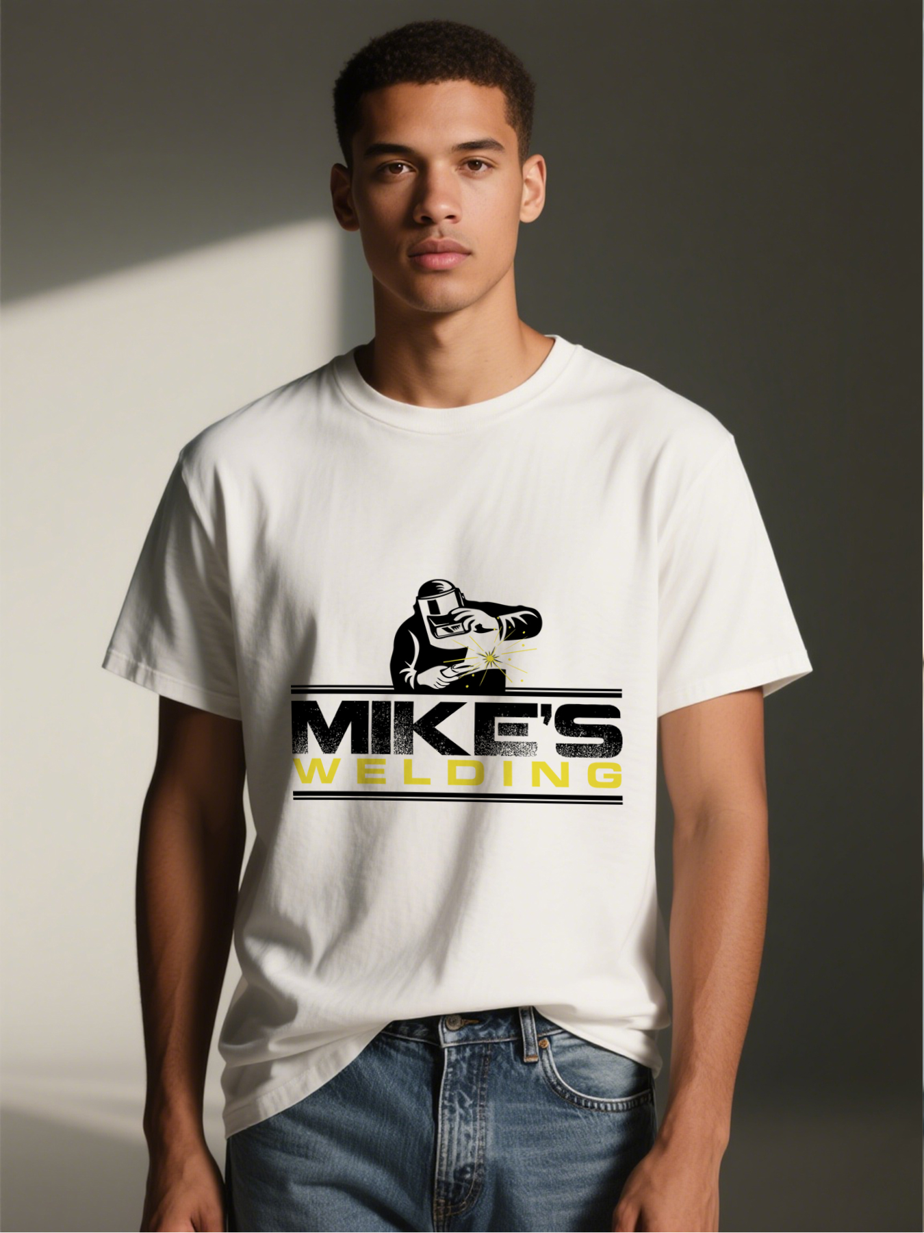 Men's Welding Spark Print T-Shirt Featuring Bold Yellow Welding Text and Spark Design Casual Round Neck Lightweight Breathable Summer Short Sleeve Tee for Workshop Enthusiasts and Industrial Workers
