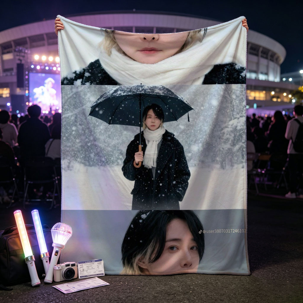 Yeonwoo in Snowy Winter Scene Holding Umbrella with White Scarf and Black Coat - Blankets