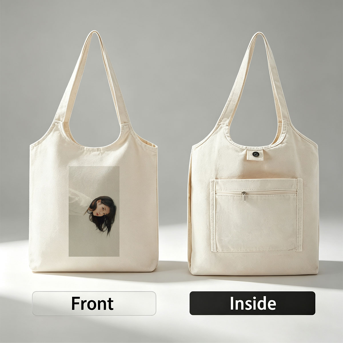 IU in a Minimalist Portrait with Soft Lighting and Neutral Background - Canvas shoulder bags/