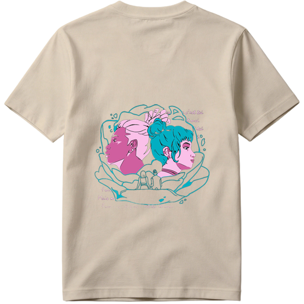 Two Women in Profile: A Stylized Artwork Featuring Pink and Teal Hair with French Text - Tee