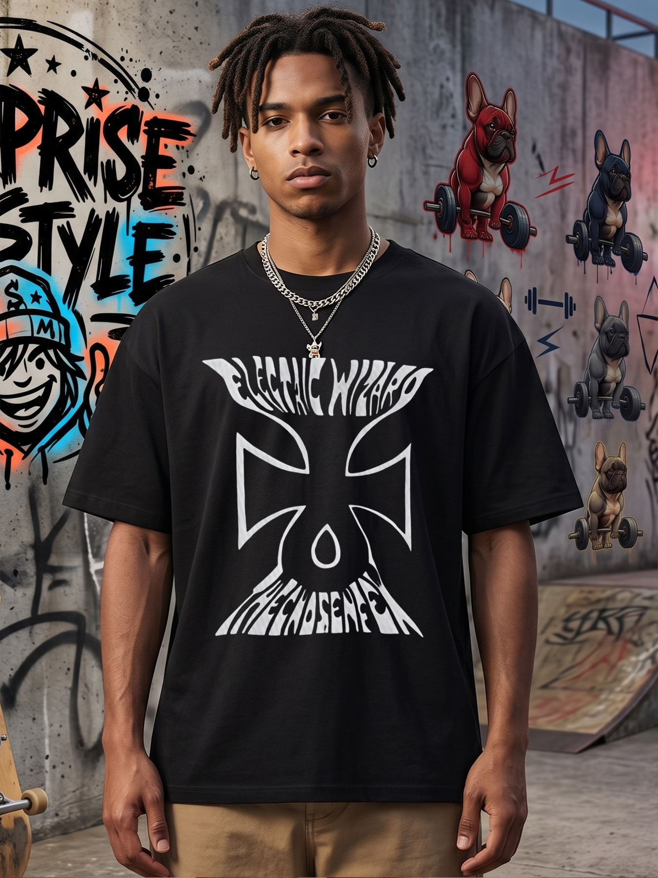 Men's Electric Wizard Iron Cross Print T-Shirt Casual Round Neck Summer Lightweight Breathable Short Sleeve Tee for Music Fans and Rock Style Enthusiasts