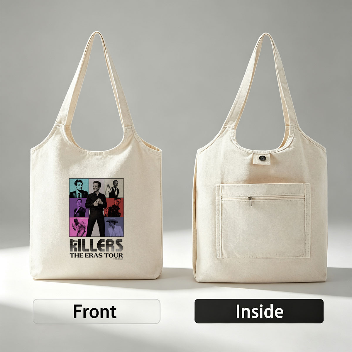 The Killers The Eras Tour Poster Featuring Band Members in Colorful Grid Layout - Canvas shoulder bags/