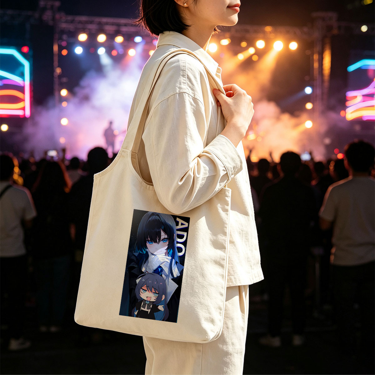 ADO - Anime Character Portrait with Chibi Version in Cosmic Background - Canvas shoulder bags/