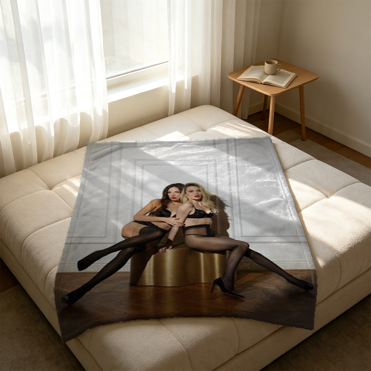 Redhead Nude on Bed Covering Breasts - Blanket