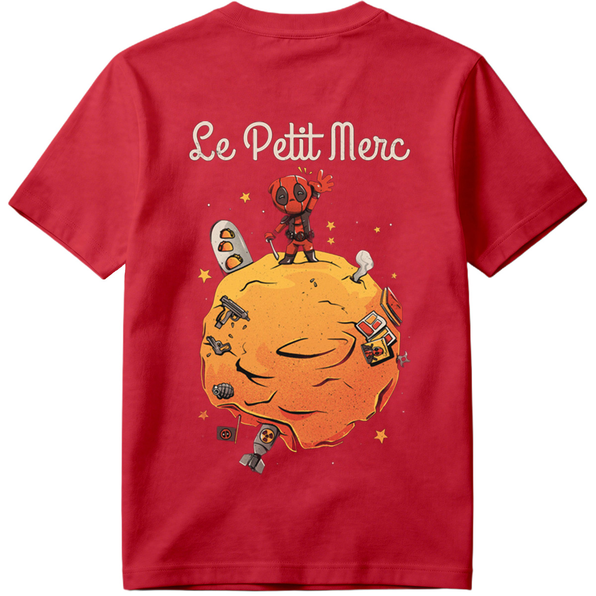 Deadpool on a Planet with Weapons and Space Items - Tee