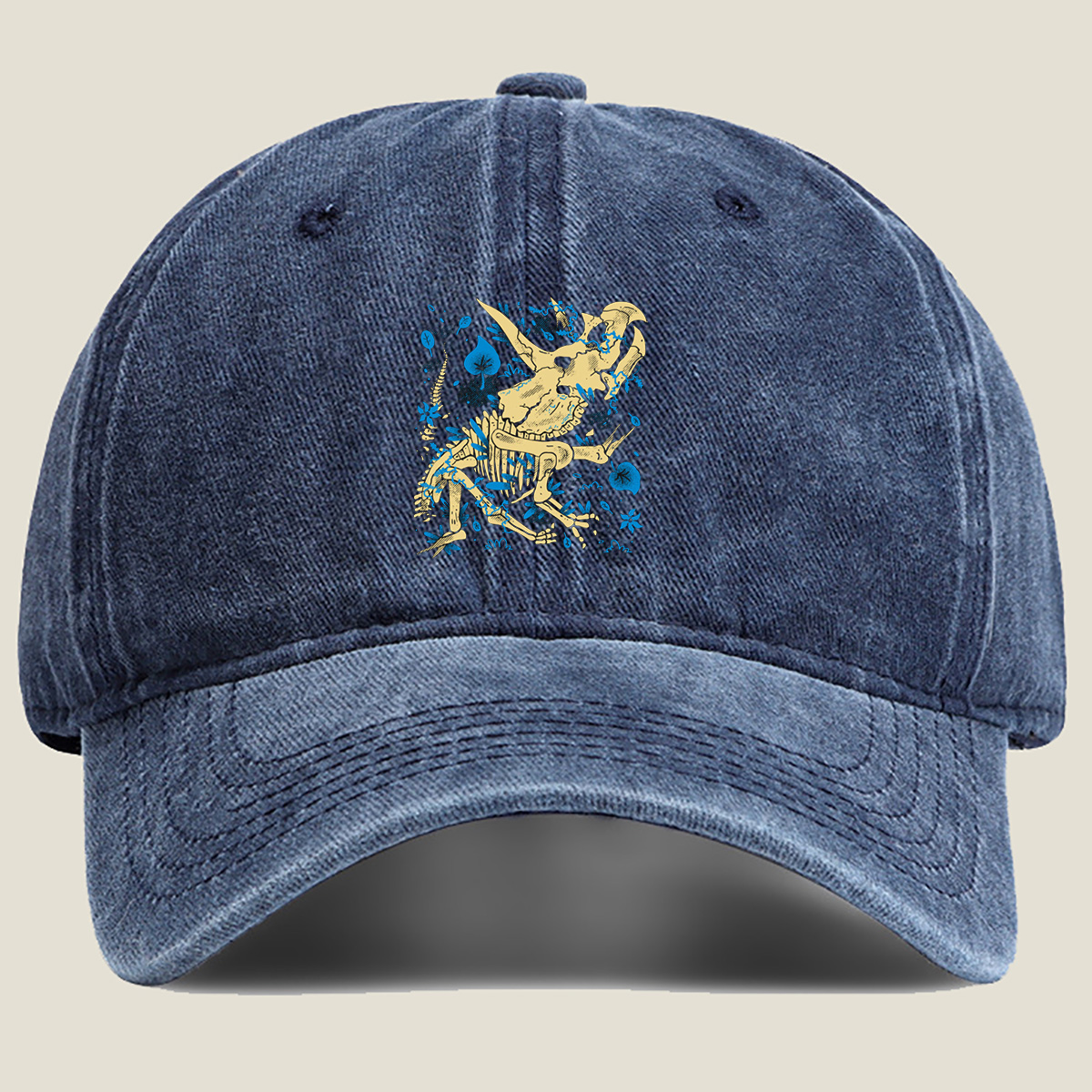 Triceratops Skeleton with Blue Leaves - Washed Denim - Baseball Cap
