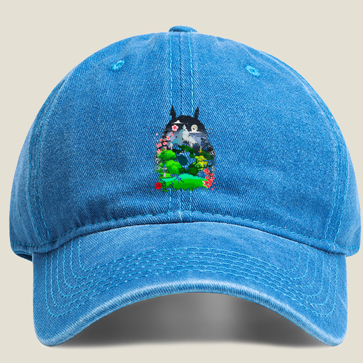 Totoro in the Cherry Blossom Garden - Washed Denim - Baseball Cap