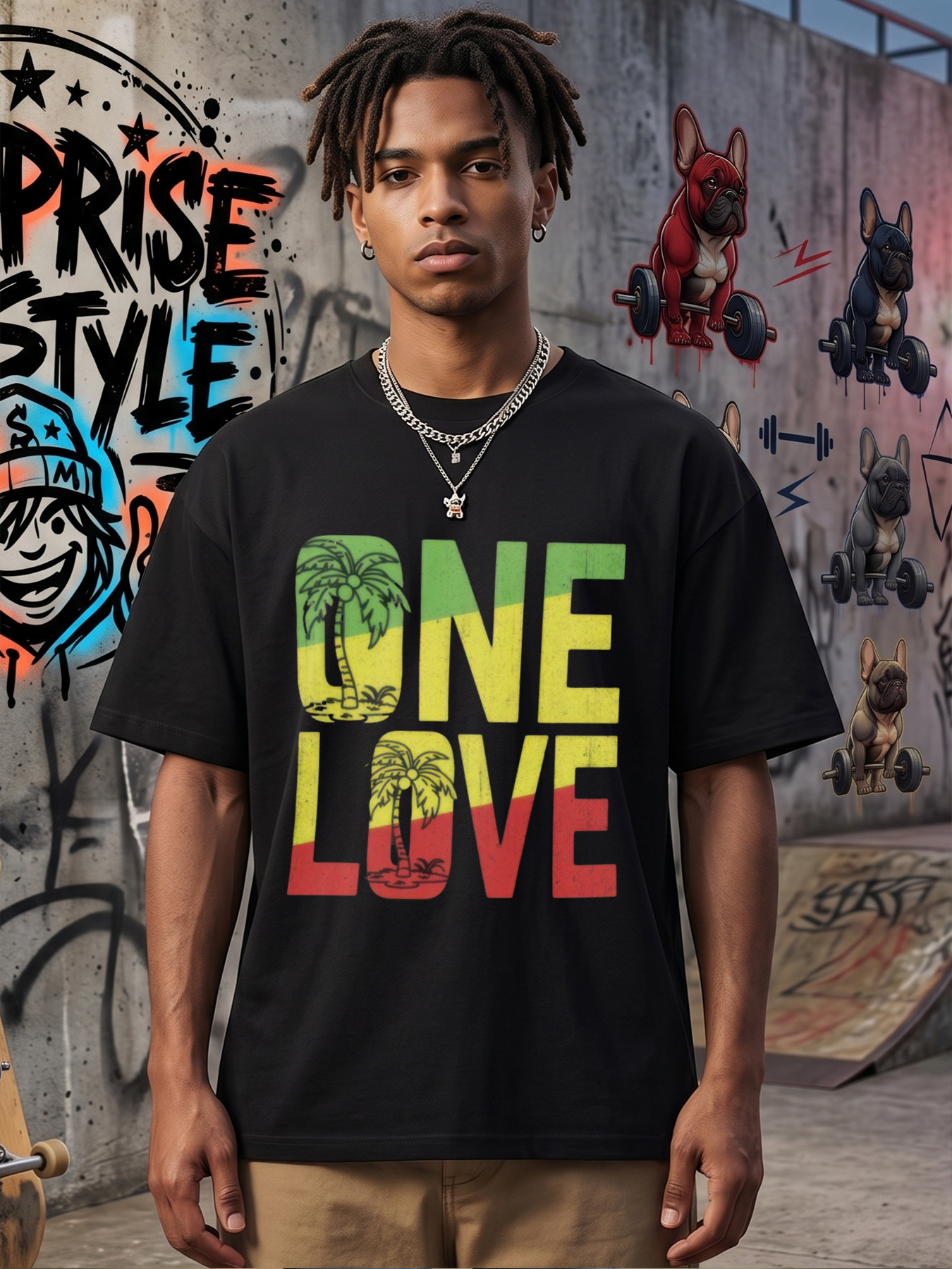 Men's One Love Palm Tree Print T-Shirt Rasta Colors Graphic Tee Casual Round Neck Lightweight Breathable Summer Short Sleeve Shirt for Beach Vacation Travel Outdoor Activities Adults Male