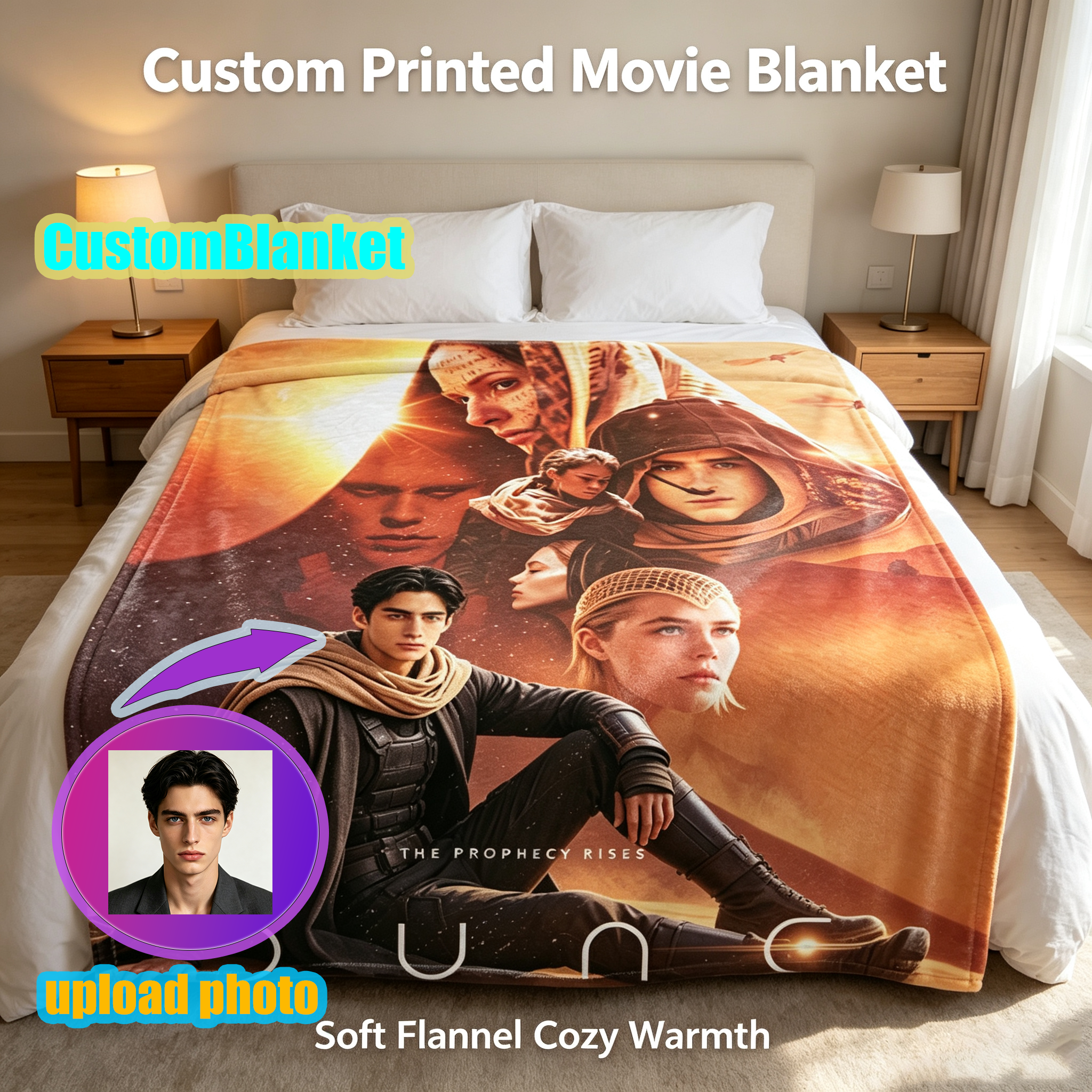 Custom Face Blanket Dune Part Two Movie Characters Flannel Blanket Perfect for Fans of Sci-Fi Film Gift or Giveaway