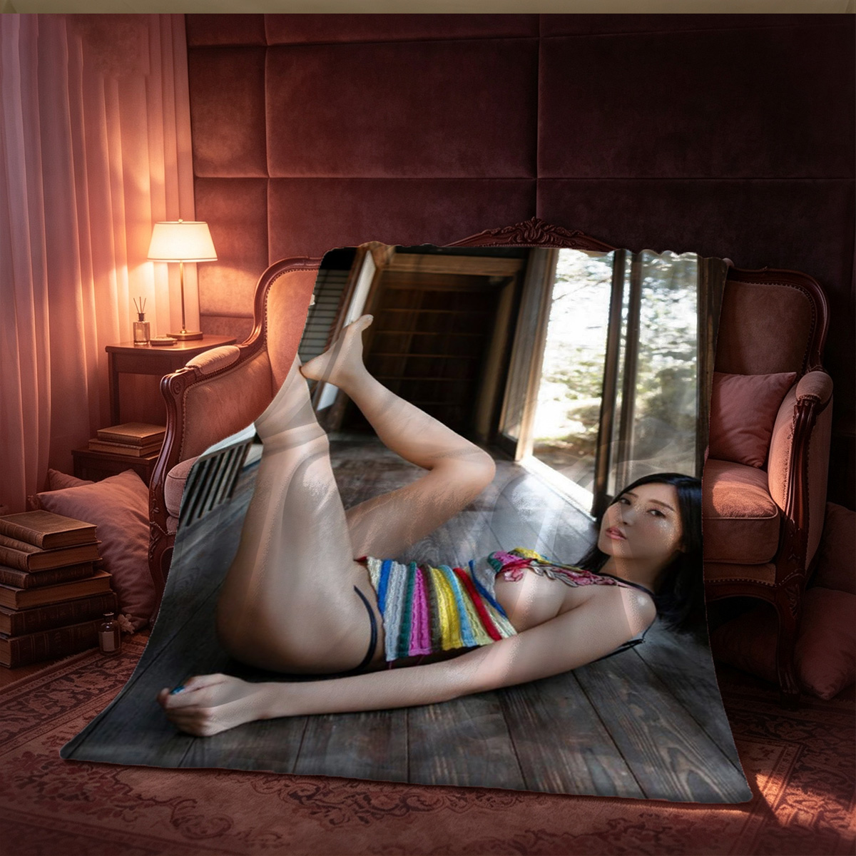 Nude Japanese Model with Black Bob Hair Covering Breasts - Blanket