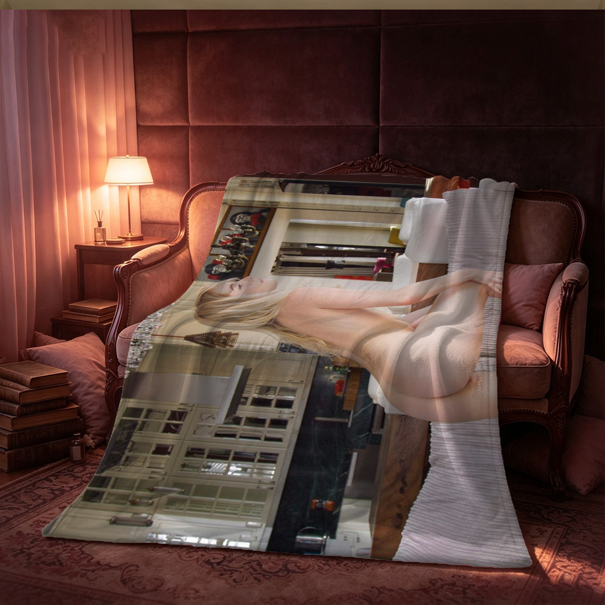 Emma Watson in patterned lingerie on a purple vintage sofa - Blanket