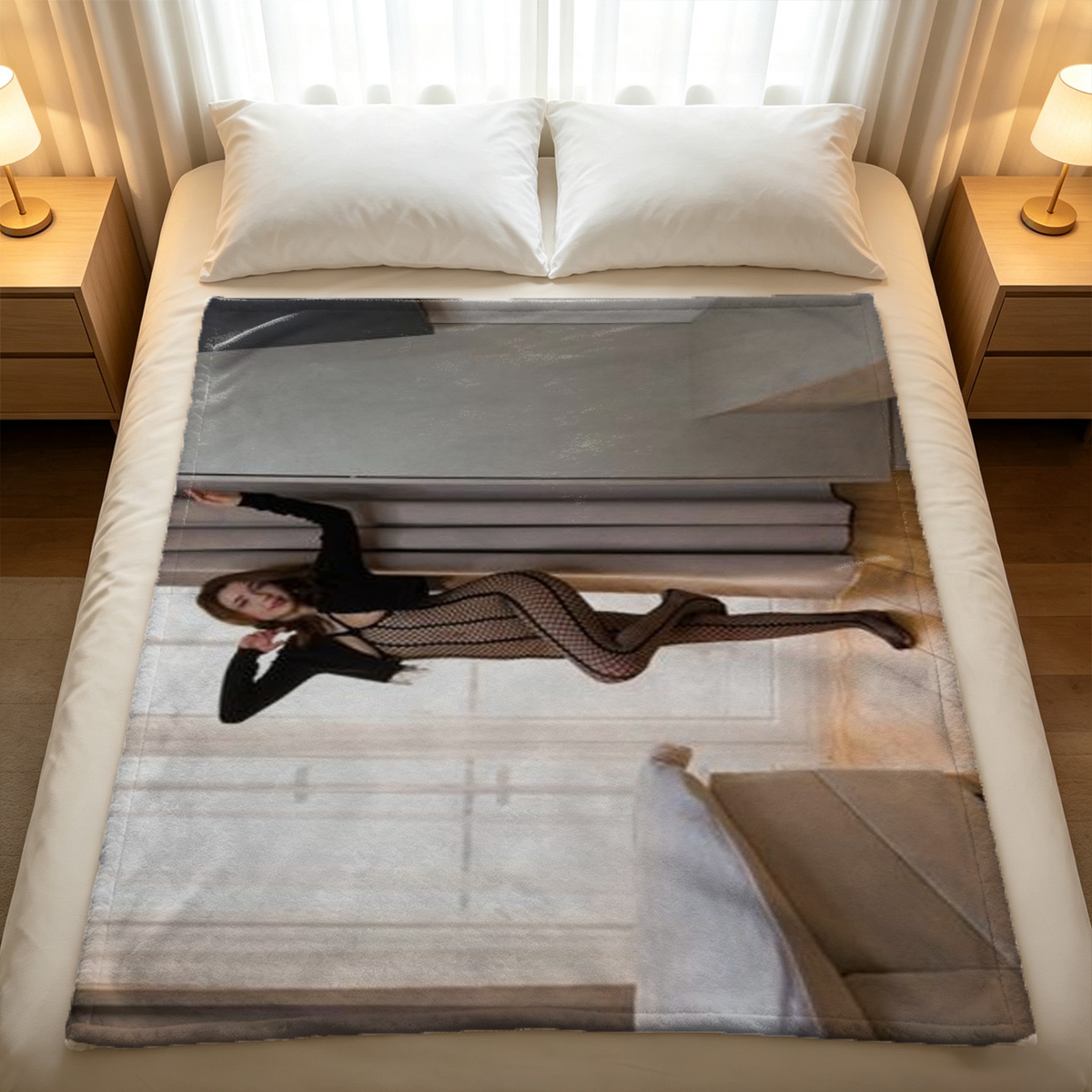 Two seductive women in lingerie and schoolgirl skirt embracing by the window. - Blanket