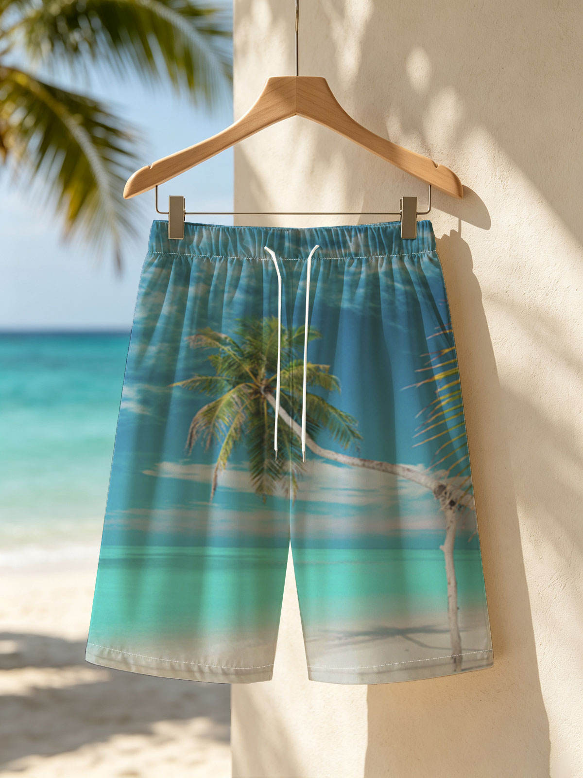 Tropical beach with palm tree and turquoise water -  Beach shorts