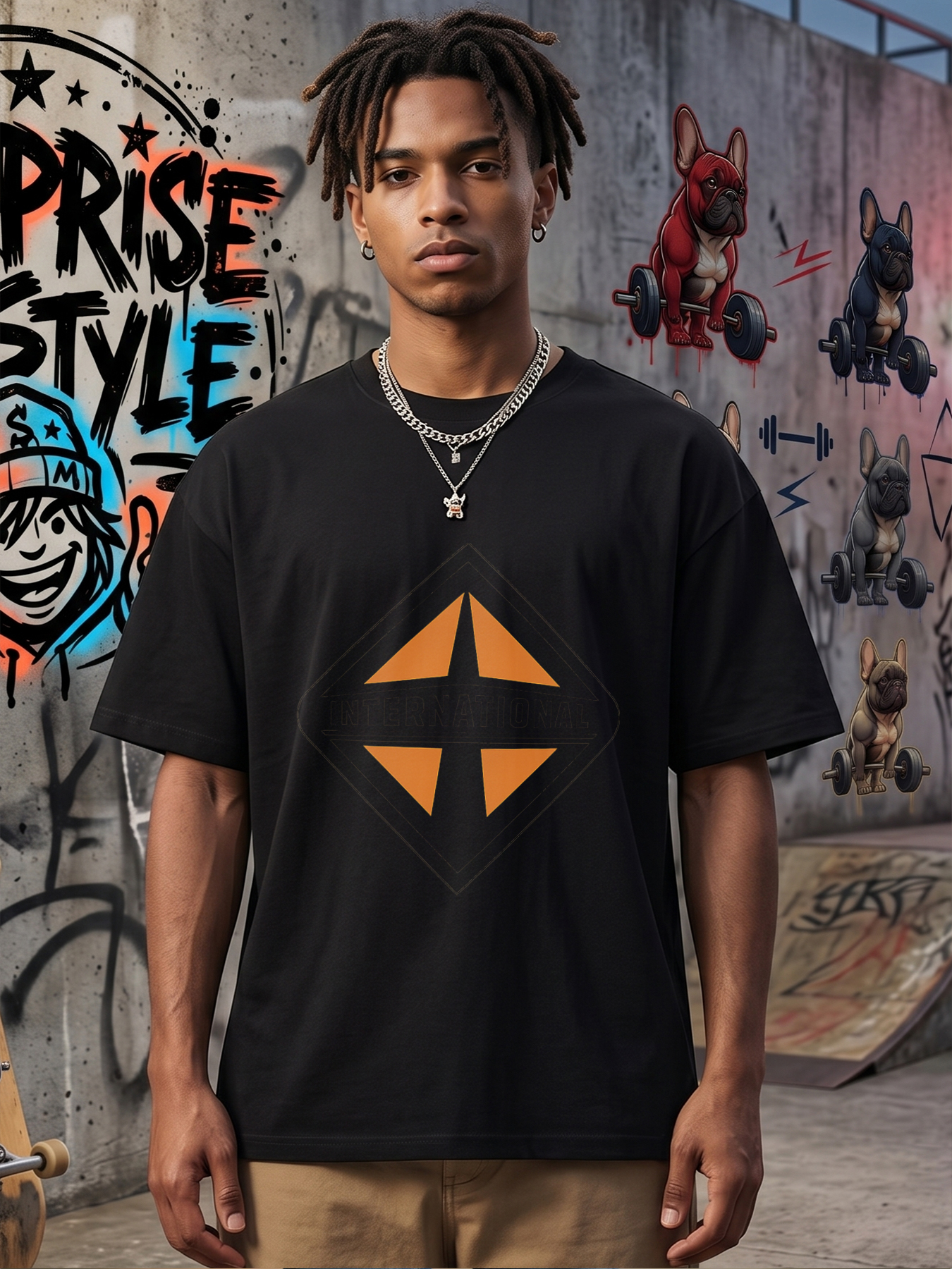 Men's Printed T-Shirt with Geometric Orange Diamond Design and 