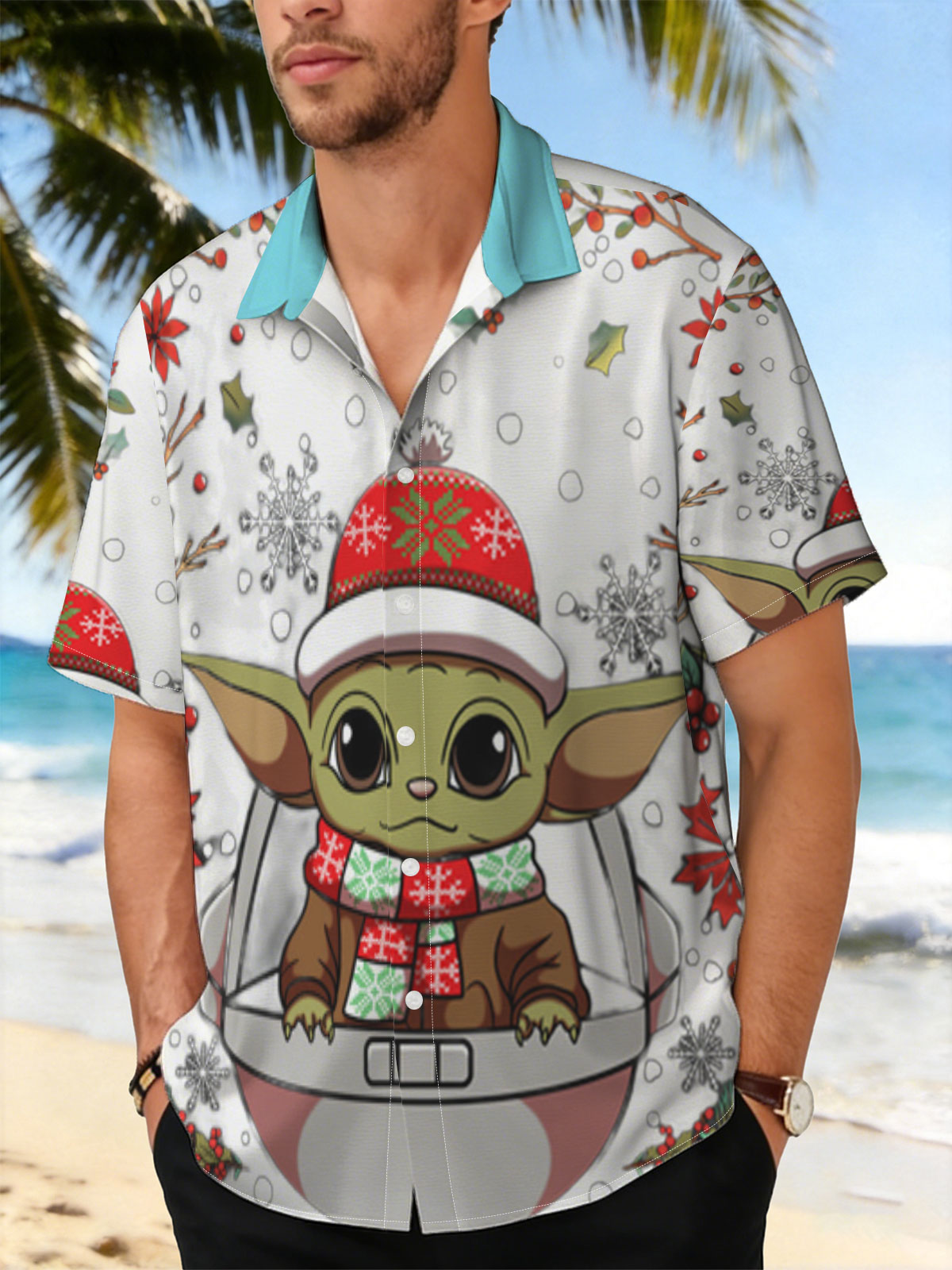 Baby Yoda in Christmas Hat and Scarf, Surrounded by Holiday Decorations -  Shirt
