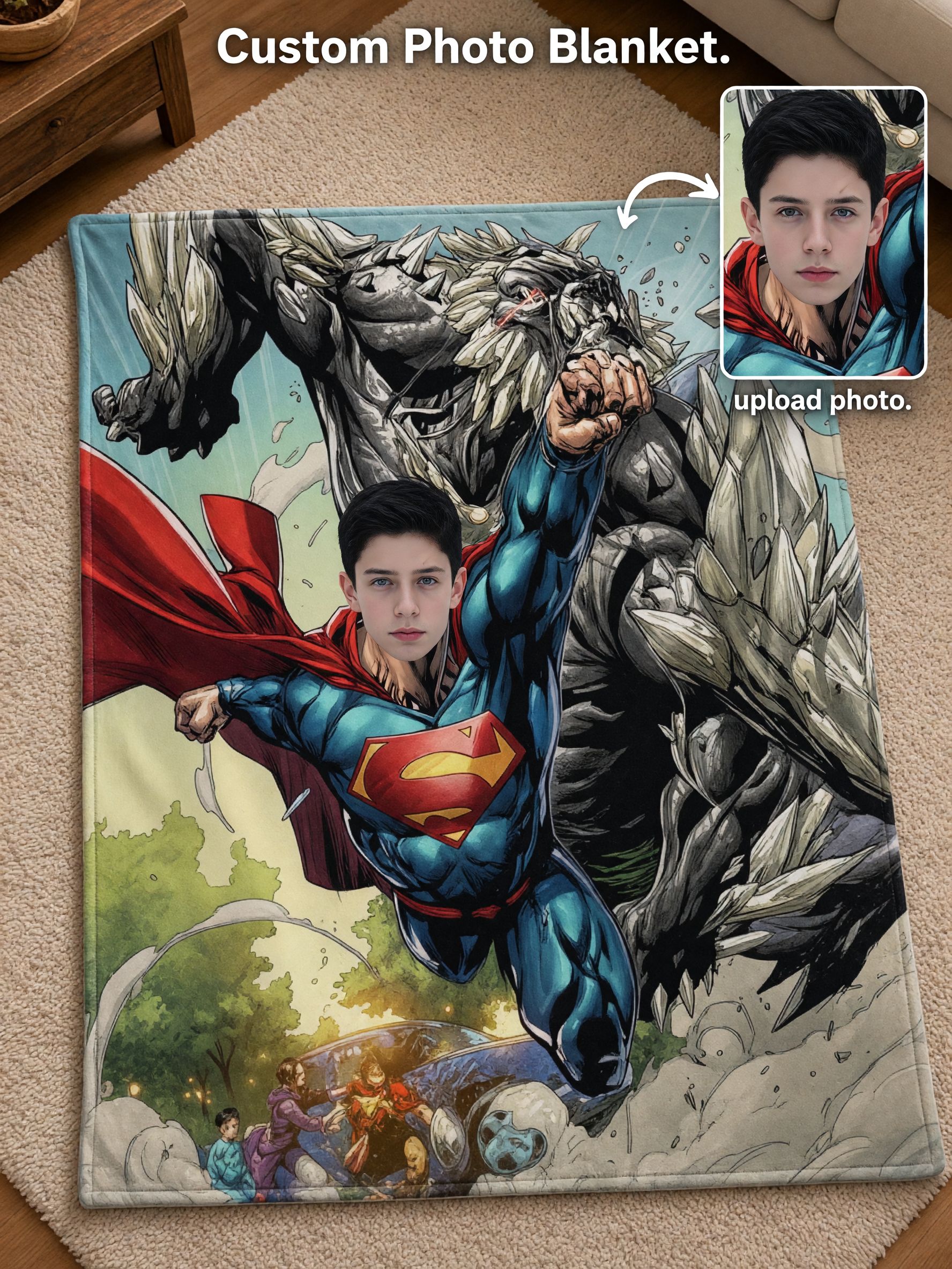 Custom Face Superhero Flannel Blanket, Personalized Comic Photo Throw for Bed Couch, Cozy Soft Fleece Gift