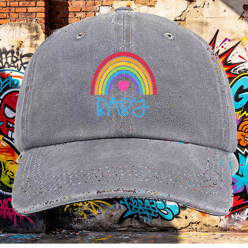 Men's Rainbow Heart Print Washed Cap Baby Text Design Casual Round Brim Summer Lightweight Hat for Outdoor Activities and Daily Wear, Perfect for Young Adults and Trendy Urban Style Lovers