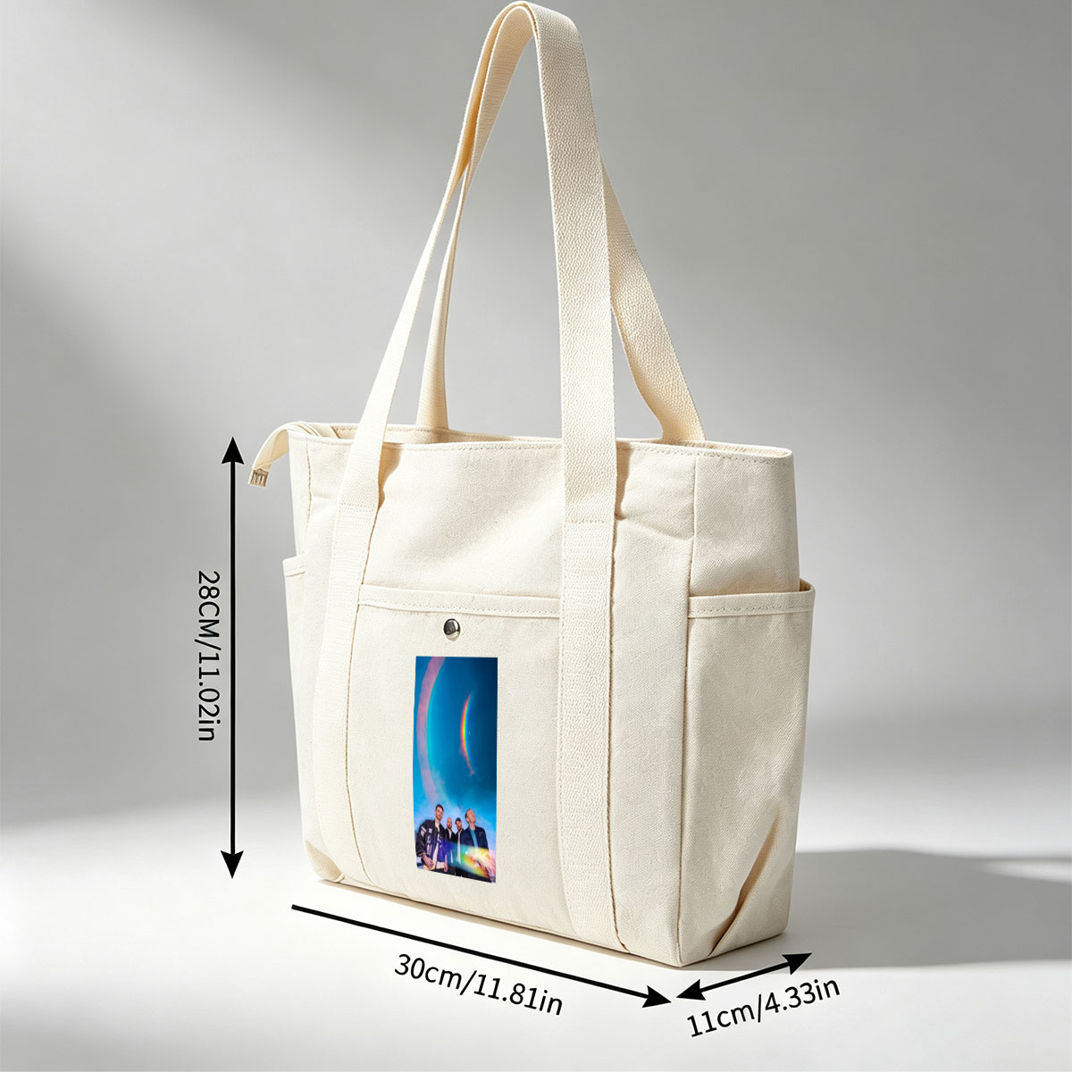 Coldplay in a Cosmic Scene with Rainbow Halo and Starry Sky Background - Multi-pocket bags