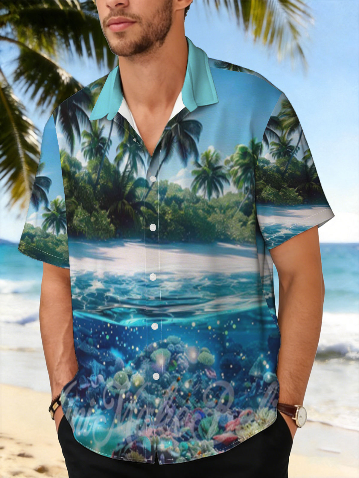 Tropical Paradise with Vibrant Coral Reef and Palm Trees -  Shirt