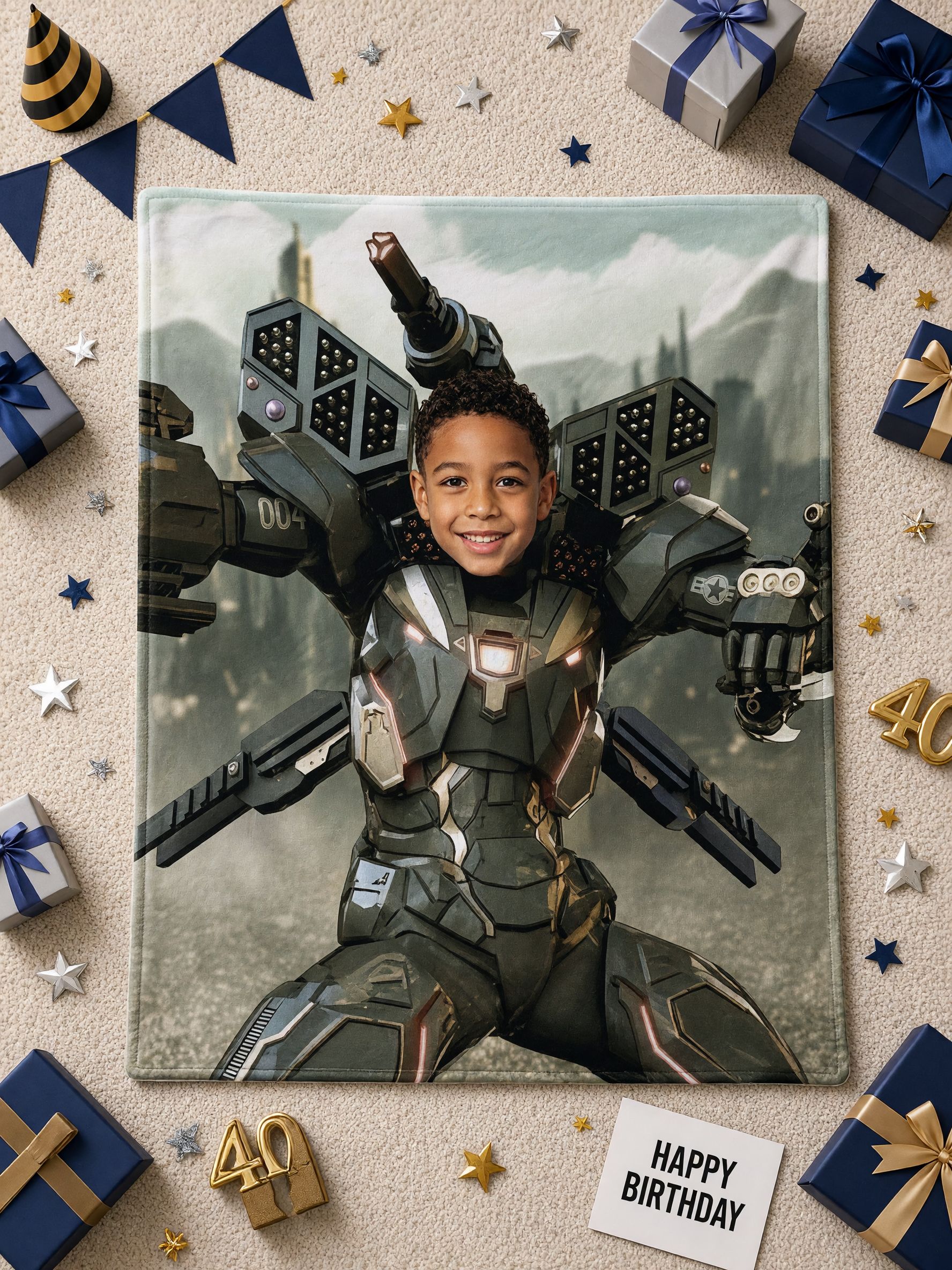 Custom Photo Mech Armor Hero Flannel Blanket Personalized Face Fleece Throw for Kids Bedroom Couch Cozy Warm Keepsake