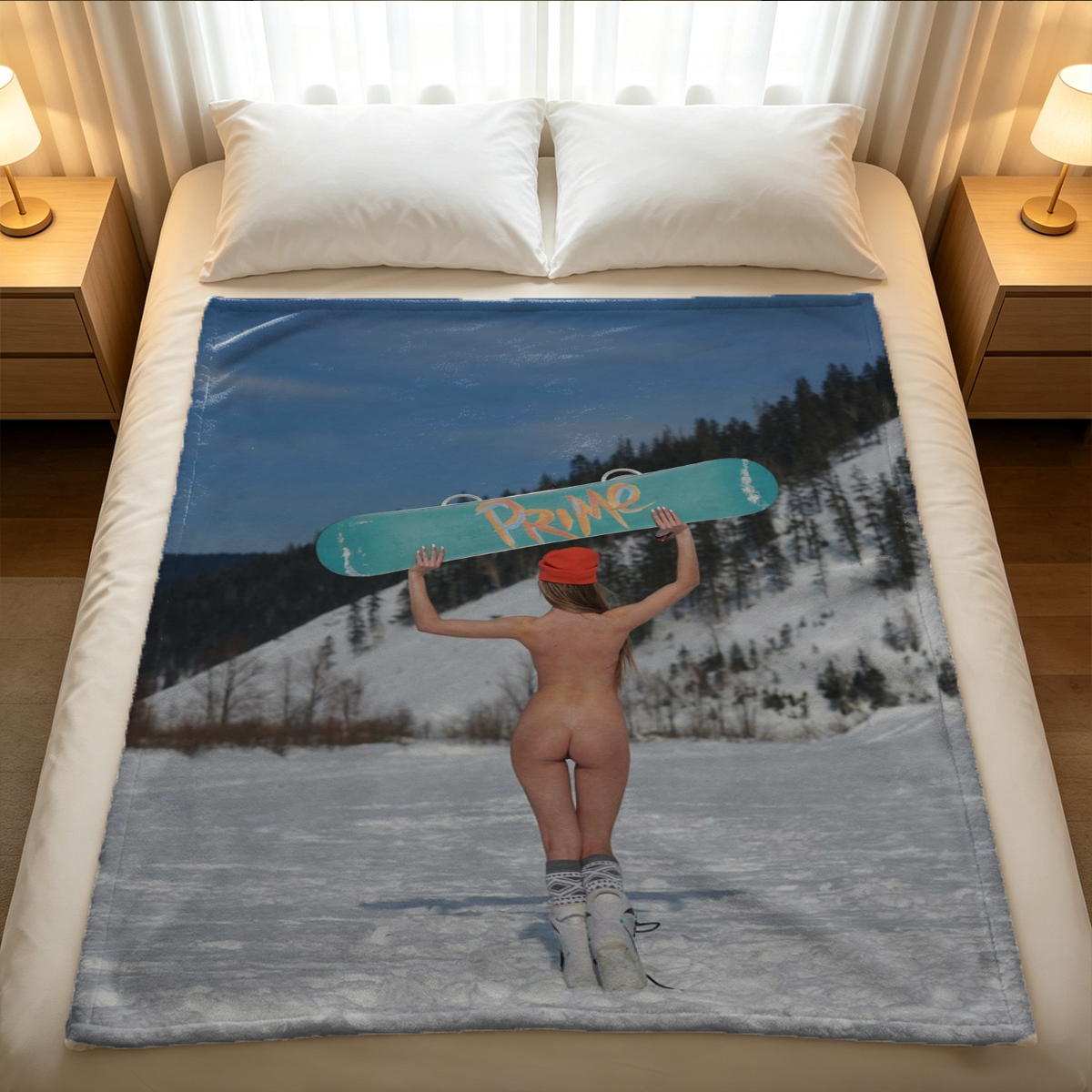 Sybil in White Bodysuit Lounging on Ottoman - Blanket