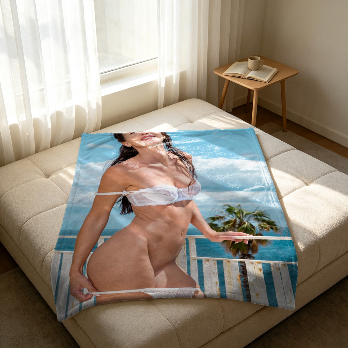 Nude Blonde Woman Sitting on Couch with Hands in Hair - Blanket