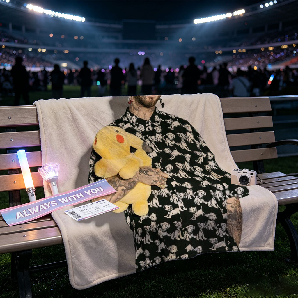 Post Malone Holding a Pikachu Plush Toy in a Patterned Shirt and Checkered Pants - Blankets