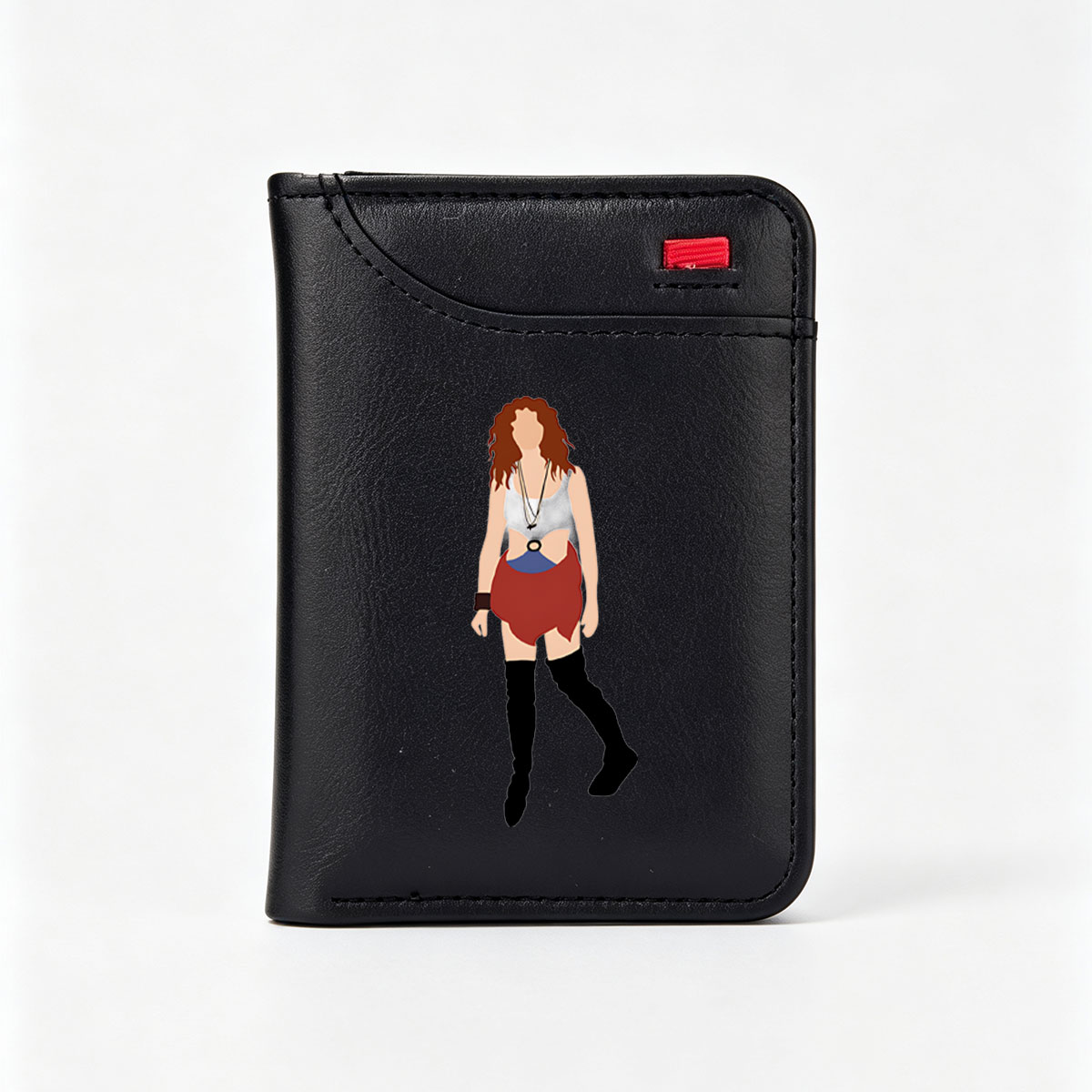 Red-Haired Woman in Red Shorts and Black Boots - Vertical Style Wallet
