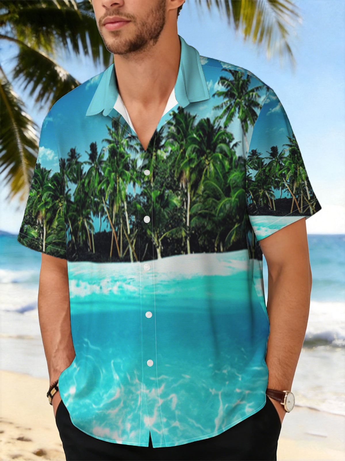 Crystal Clear Waters and Palm Trees Under Blue Sky -  Shirt