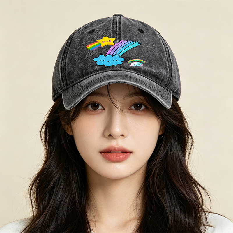 Unisex Classic Washed Cap with Rainbow Star Cloud Print | Casual Outdoor Hat for Youth and Adults | Perfect for Daily Wear, Travel, and Fun Activities