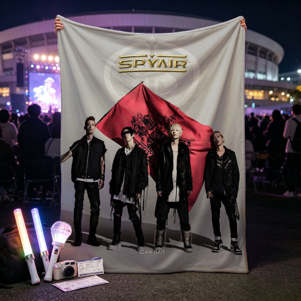 SPYAIR Band Members Standing with Red Flag in Studio Portrait - Blankets