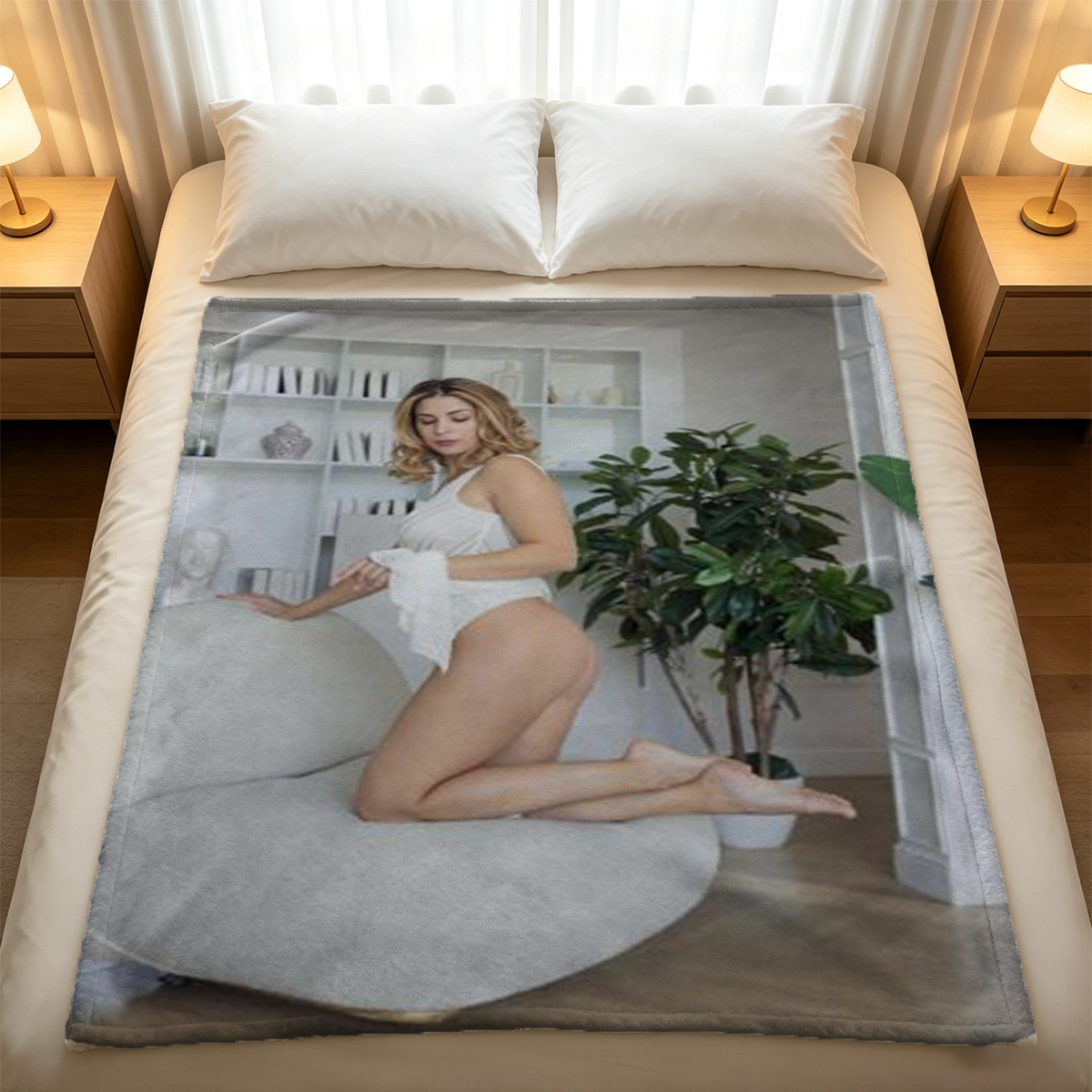 Two Japanese models in white and black lingerie posing on bed - Blanket