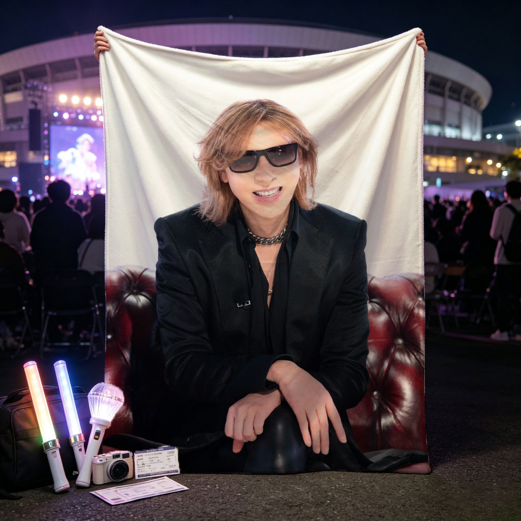 Yoshiki from X Japan Sitting on a Red Leather Couch Wearing Sunglasses and a Black Suit - Blankets