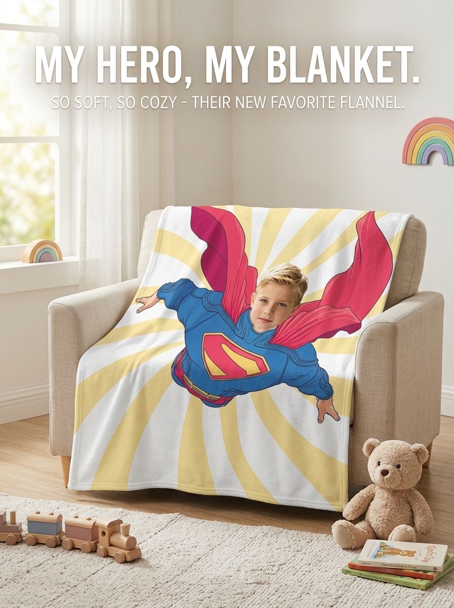 Custom Photo Superhero Blanket Personalized Face Flannel Fleece Throw Cozy Gift for Kids and Adults